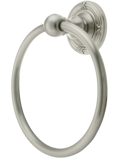 Brass Towel Ring with Ribbon and Reed Rosette in Satin Nickel.